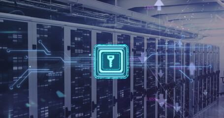 Image of key in square, connected arrows, circuit board pattern over data server racks