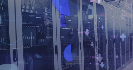 Image of graphs, globes, connected arrows and computer language over data server racks