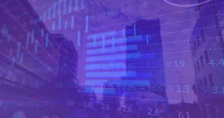 Image of multiple graphs and trading board over low angle view of buildings against cloudy sky