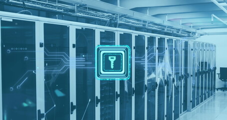 Image of key in square, circuit board pattern and connected dots over data server racks