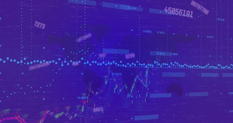 Image of changing numbers with multiple graphs and map over blue background