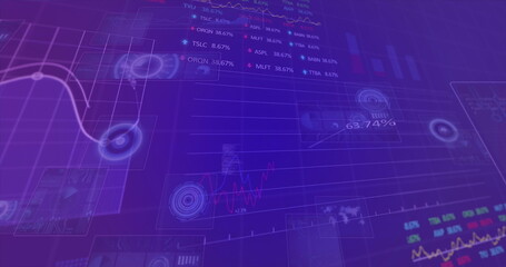 Image of circles, radars, map, computer language, graphs, trading boards over black background