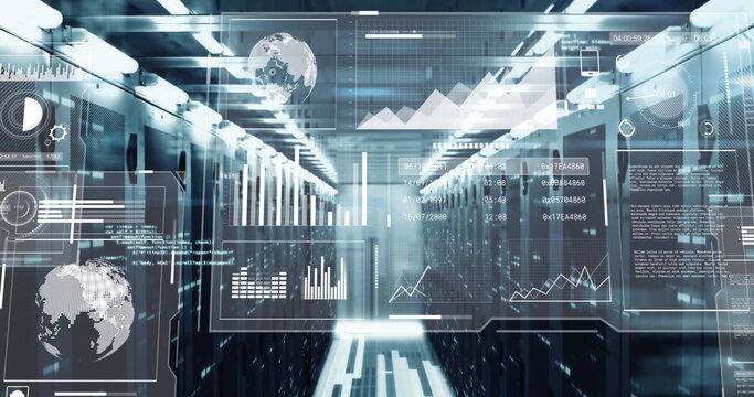 Image of multiple graphs, globes, loading bars and circles over data server room