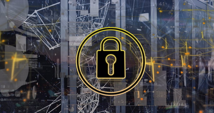 Image of padlock in circles over graphs, connected dots and globe on data server racks