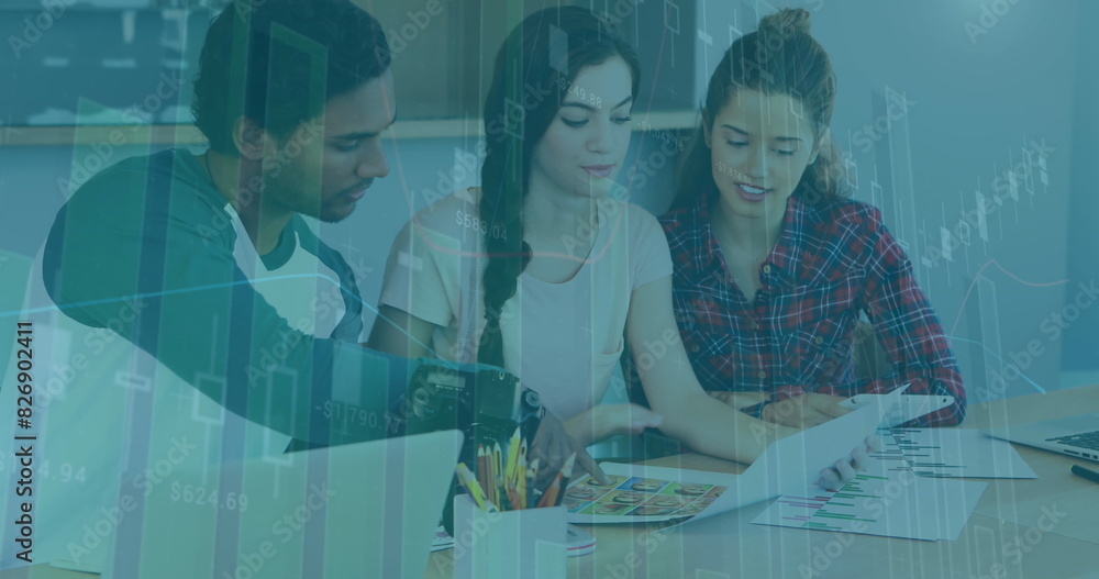 Poster image of statistical data processing over diverse colleagues discussing over a plan at office