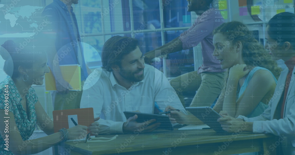 Poster image of statistical data processing over diverse colleagues discussing together at office