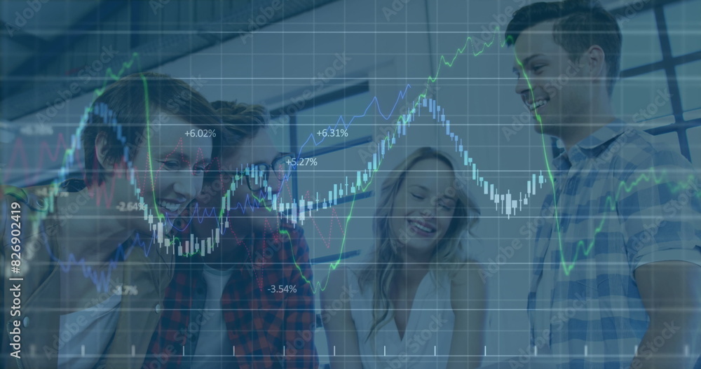 Poster image of financial data processing over diverse colleagues smiling while discussing at office