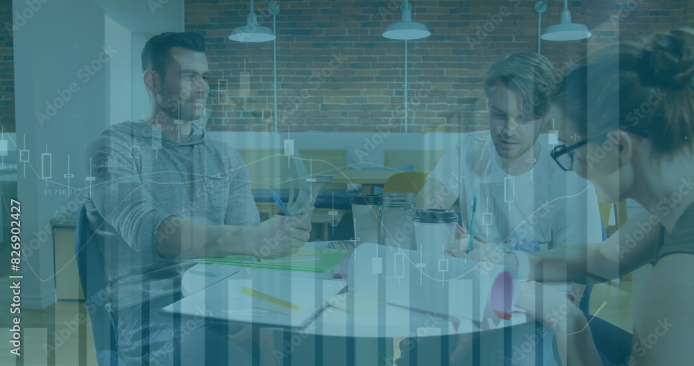 Poster image of statistical data processing over diverse colleagues discussing together at office