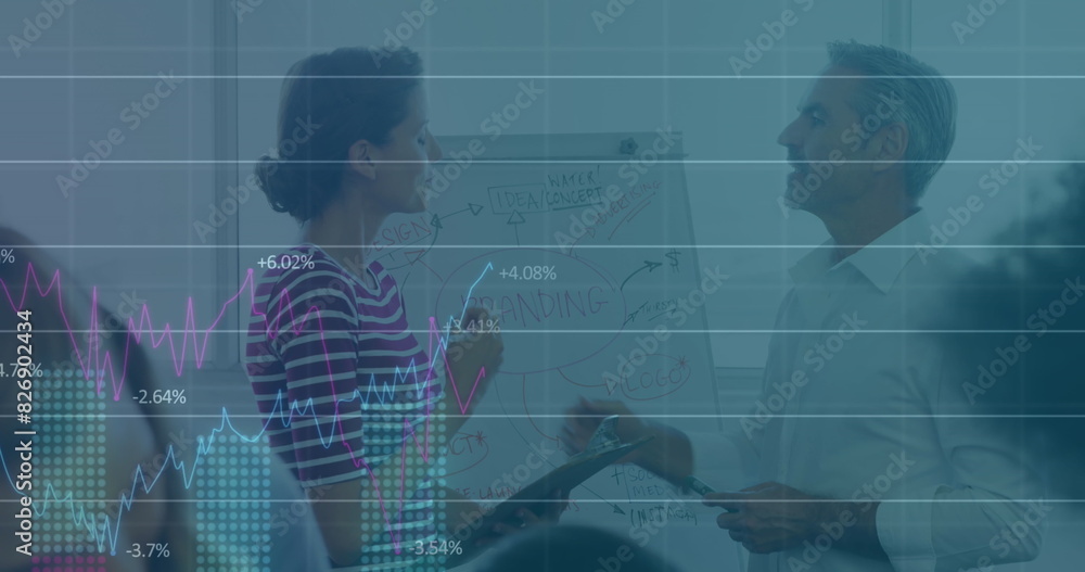 Canvas Prints Image of statistical data processing over diverse man and woman discussing at office