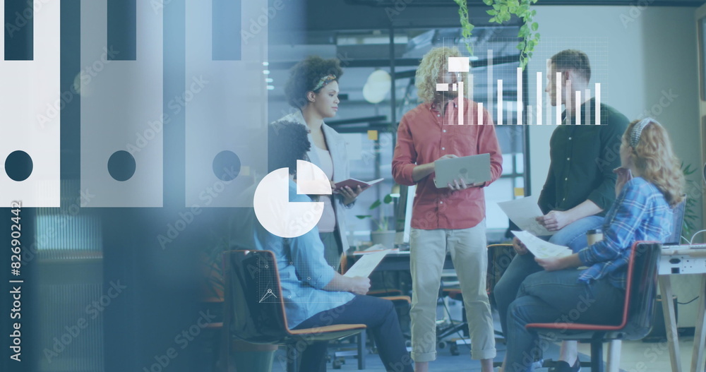 Poster image of statistical data processing, digital icons over diverse colleagues discussing at office