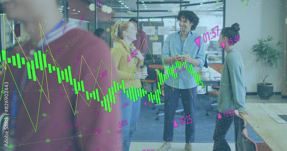 Poster image of statistical data processing against group of diverse colleagues discussing at office