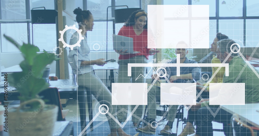 Poster image of statistical data processing, digital icons over diverse colleagues discussing at office