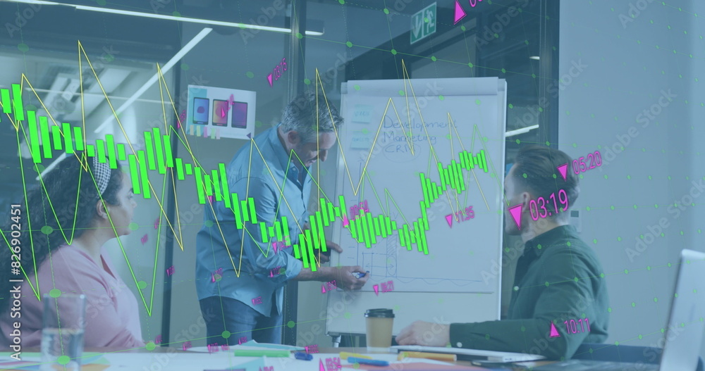 Aufkleber image of statistical data processing against caucasian man giving a presentation at office