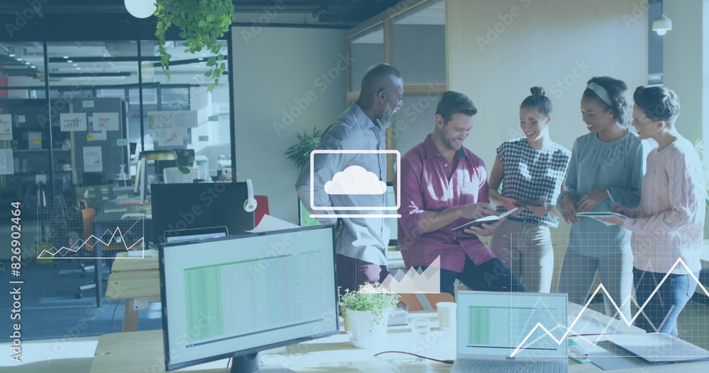 Poster image of statistical data processing against diverse colleagues discussing together at office