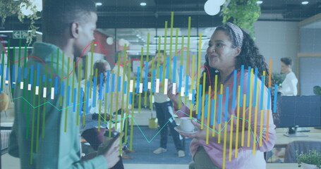 Image of statistical data processing over diverse man and woman with coffee discussing at office