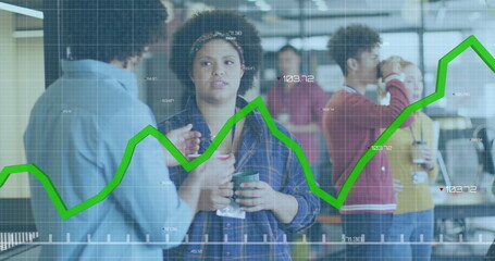 Image of statistical data processing over diverse man and woman with coffee discussing at office