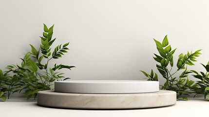 podium design for product display or product stand with leaf ornaments and minimalist background