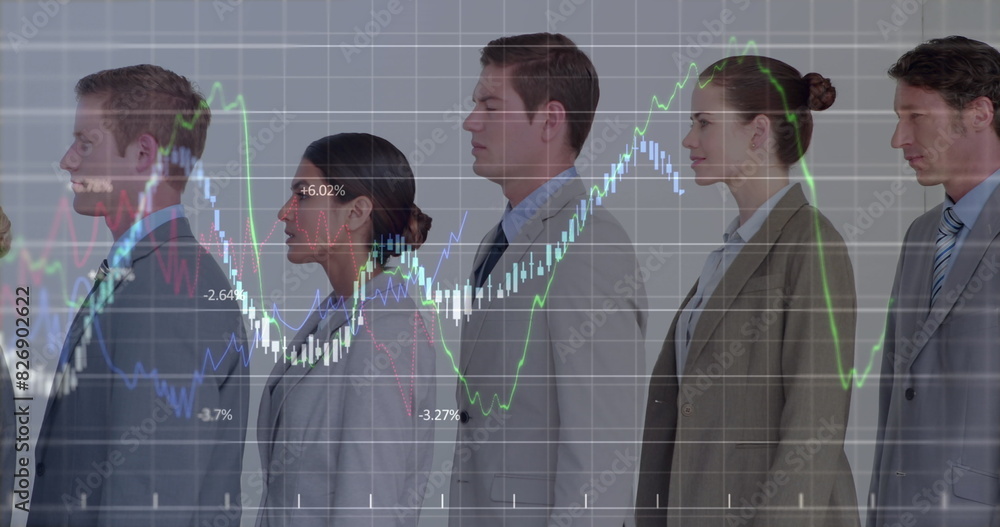Aufkleber image of financial data processing against diverse businesspeople standing in a queue