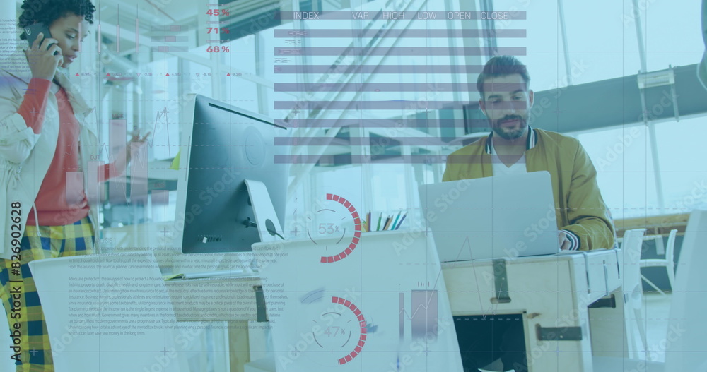 Poster image of statistical data processing against biracial man using laptop at office