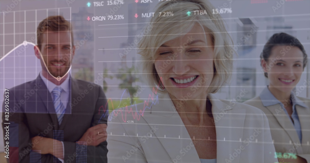 Poster Image of stock market data processing over portrait of diverse businesspeople smiling at office