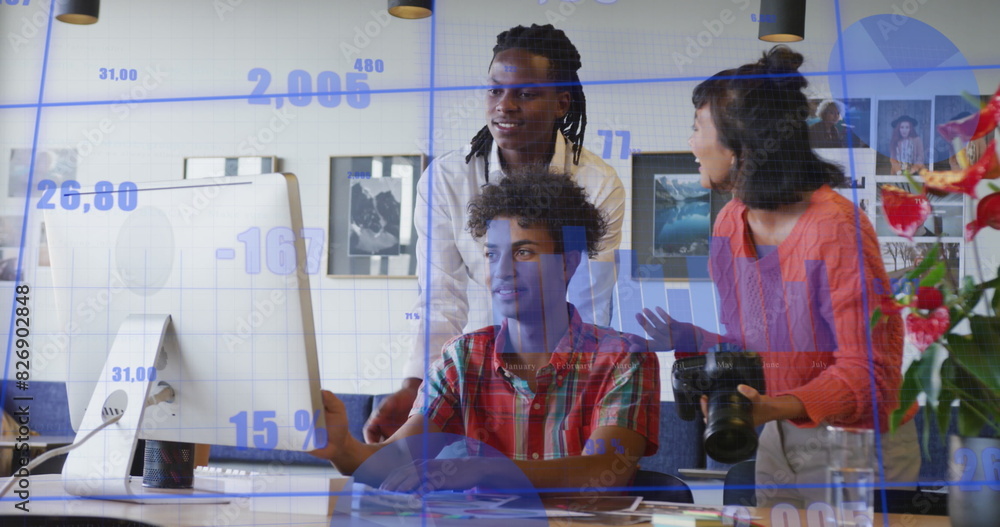 Poster image of statistical data processing over diverse colleagues discussing over computer at office