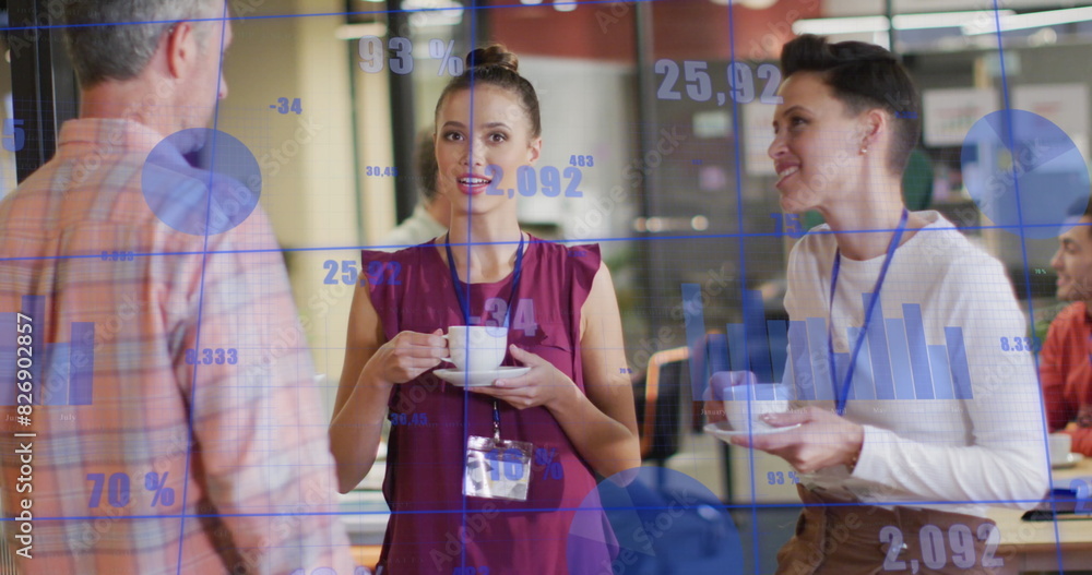 Aufkleber image of data processing against diverse colleagues discussing while having coffee at office