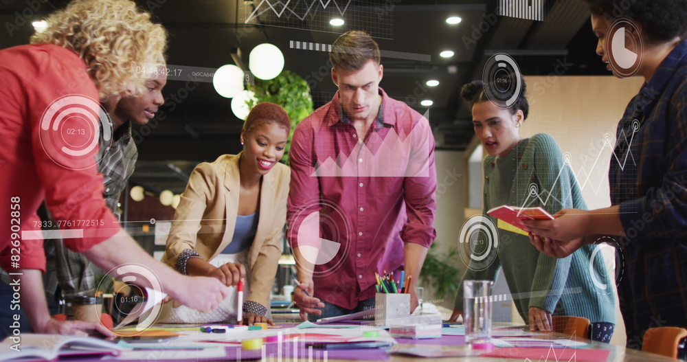 Poster image of statistical data processing on team of diverse colleagues discussing together at office