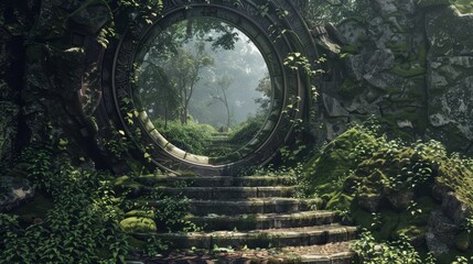 Enchanting forest portal with a mystical stairway - A captivating composition of a circular forest portal with a stairway leading to an unknown destination, embodying themes of magic, exploration, and