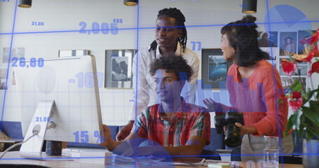 Image of statistical data processing over diverse colleagues discussing over computer at office