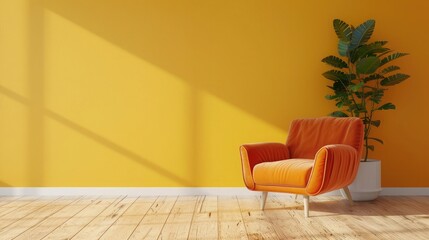 Modern wooden living room with an orange armchair on empty yellow wall background,Minimal room- 3D rendering