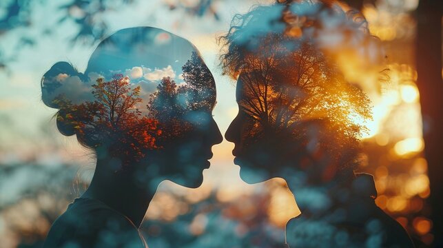 Double exposure of a therapist talking to a patient with serene nature overlay, emphasizing calmness and understanding