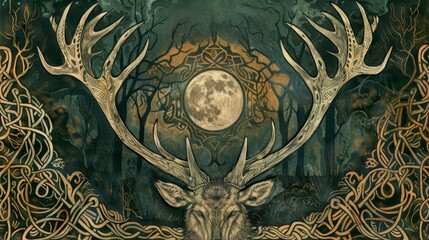 Deer with Celtic knot patterns and green tones - A deer with elaborate Celtic knot patterns on a mystical green forest background symbolizing nature and myth