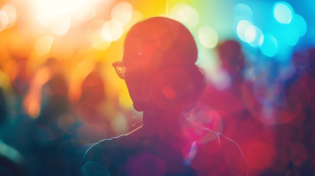 Antidrug awareness event close up, focus on, copy space vibrant hues, Double exposure silhouette with supportive crowd