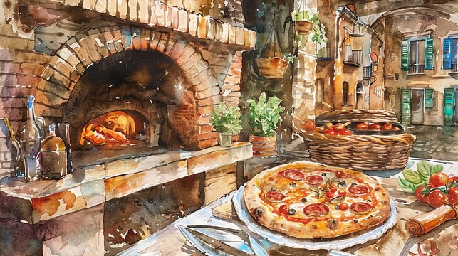 Create a watercolor masterpiece showcasing the picturesque scene of a Neapolitan pizza baking in a wood-fired oven