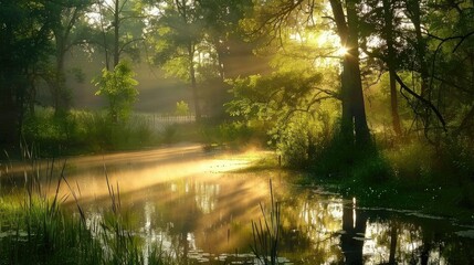Obraz premium forest with a lake wallpaper. landscape lake forest with fog wallpaper. landscape forest with lake and fog. landscape with a lake and mountains. landscape of mountain lake and forest.