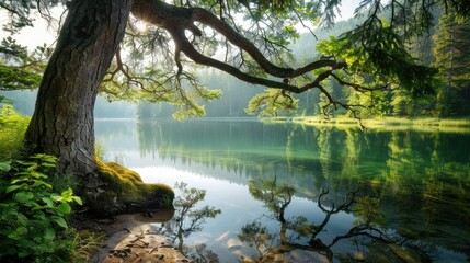 Obraz premium forest with a lake wallpaper. landscape lake forest with fog wallpaper. landscape forest with lake and fog. landscape with a lake and mountains. landscape of mountain lake and forest.