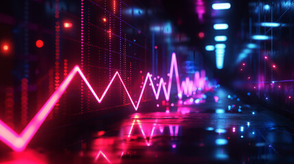 Futuristic scene with vibrant neon lights and a glowing graph that stretches into the distance, giving a tech-savvy atmosphere