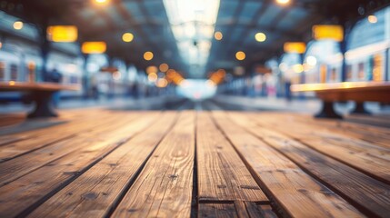 Wooden surface with blurred train station platform background suitable for showcasing or presenting your products - Powered by Adobe