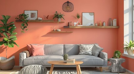 Photo of a modern interior design with peach colored walls and a grey sofa, wooden shelves and decorations