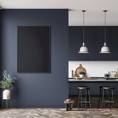 living room  with dark blue wall UHD Wallpapar