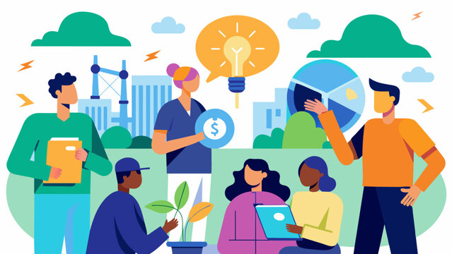 Attendees take turns sharing success stories and challenges in implementing energy conservation practices within their respective industries.. Vector illustration