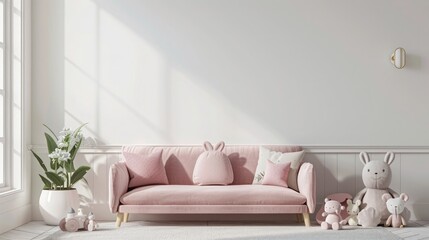 Photo of a modern interior design children's room with a white wall mockup and cute toys on the floor. A pink sofa is in the background. A 3d rendering illustration with soft light.