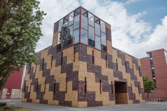 Outdoor exterior view of brick facade of modern architecture, Gefahrstofflager,  at Humboldt University of Berlin.