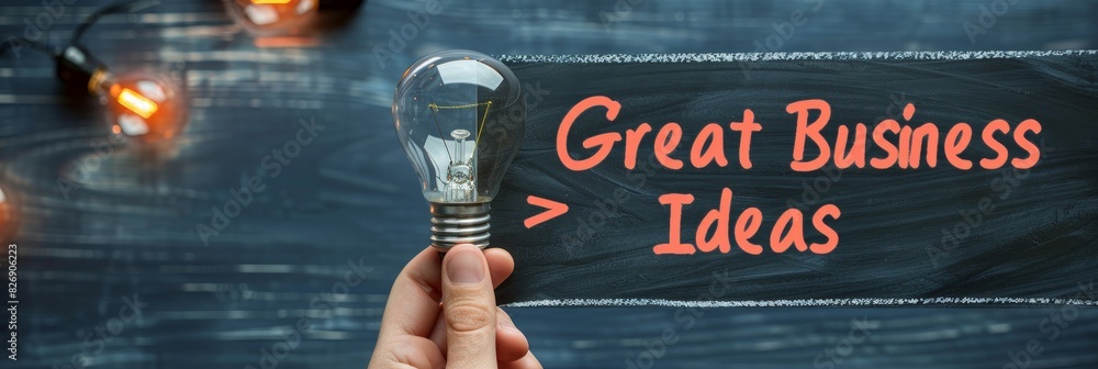 Poster lightbulb with great business ideas text - hand holding a lightbulb in front of a chalkboard with te