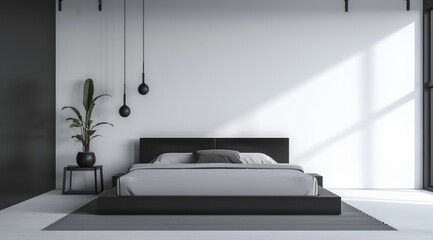 Minimalist black bedroom with a sleek black platform bed, white walls, and minimalist decor accents