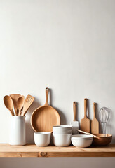 Kitchenware on wooden table with copy space
