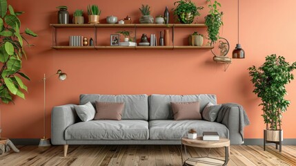 Photo of a modern interior design with peach colored walls and a grey sofa, wooden shelves and decorations