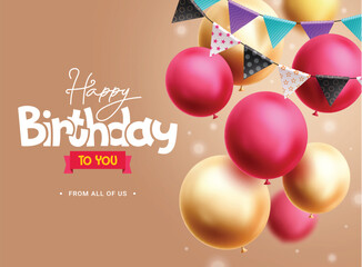 Happy birthday greeting vector background design. Birthday greeting text with pennants decoration, red and yellow party balloons elements for invitation card template. Vector illustration birthday 