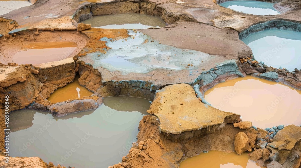 Aufkleber a wide shot of a mud pot landscape with multiple pools of various sizes and colors blending together