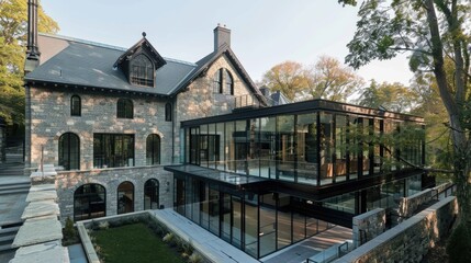 Modern and traditional architectural designs blending glass and historic structures